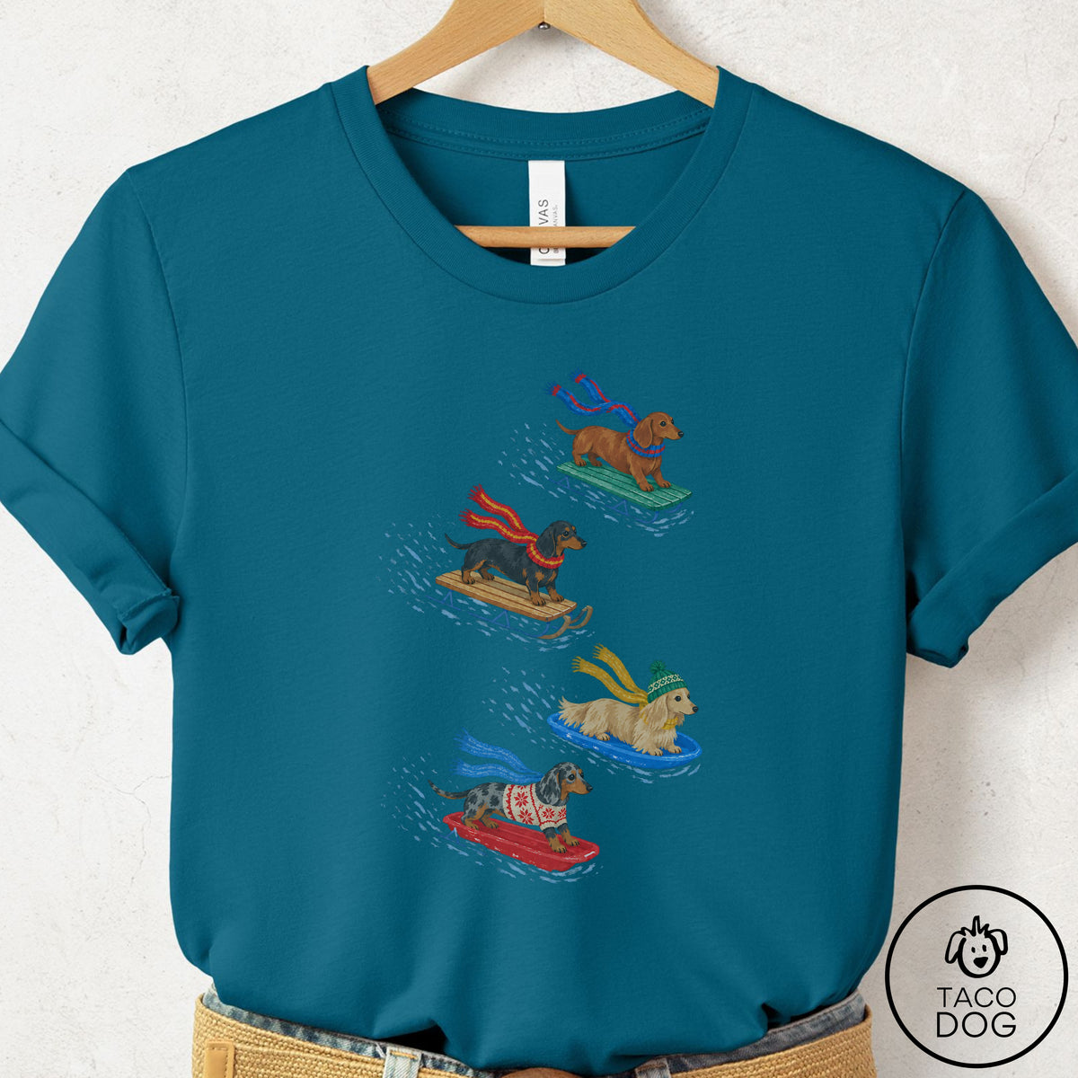 Dachshund Sledding T-Shirt Deep Teal Taco-Dog
