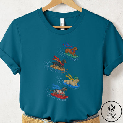 Dachshund Sledding T-Shirt Deep Teal Taco-Dog