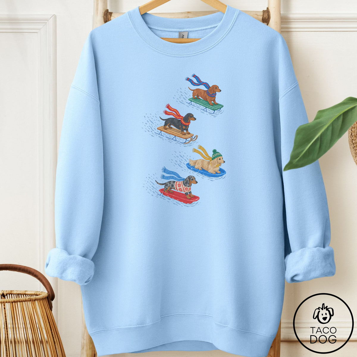 Dachshund Sledding Sweatshirt Light Blue Taco-Dog