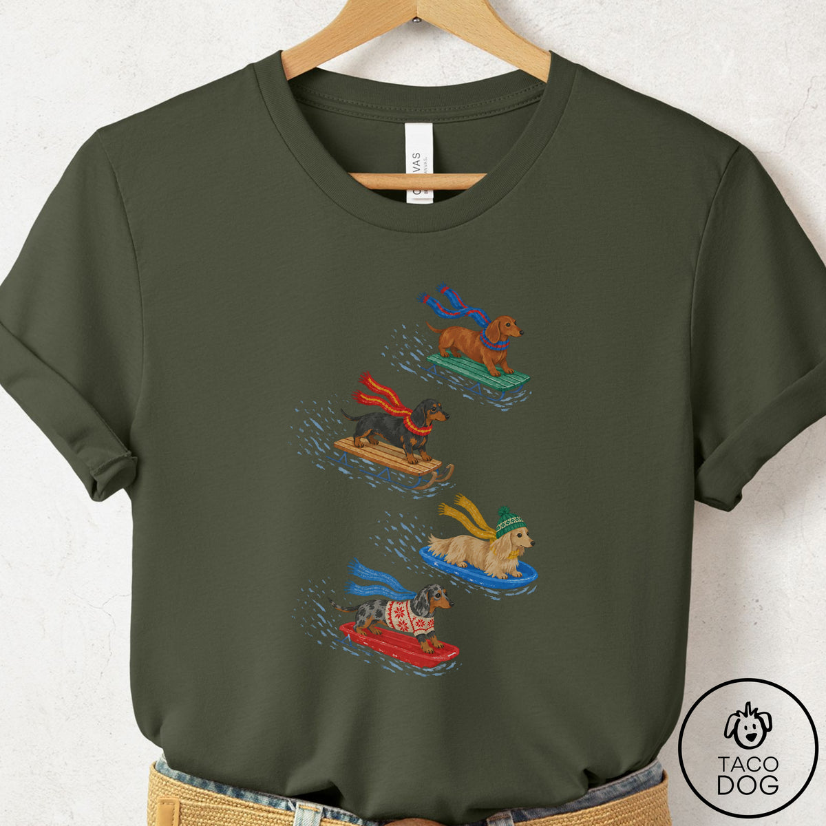 Dachshund Sledding T-Shirt Military Green Taco-Dog