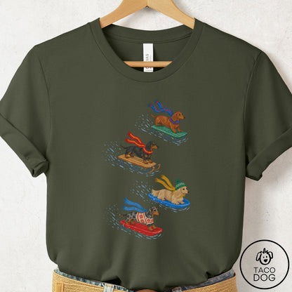 Dachshund Sledding T-Shirt Military Green Taco-Dog