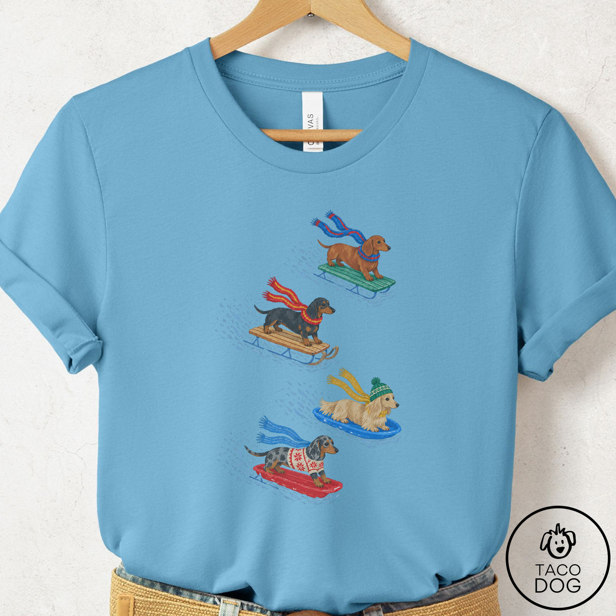 Dachshund Sledding T-Shirt Ocean Blue Taco-Dog