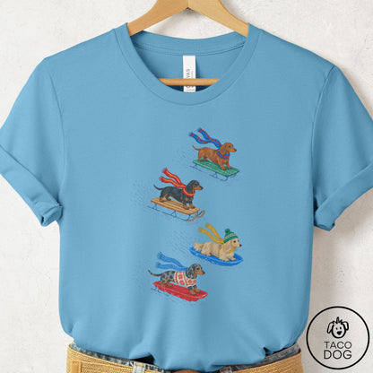 Dachshund Sledding T-Shirt Ocean Blue Taco-Dog
