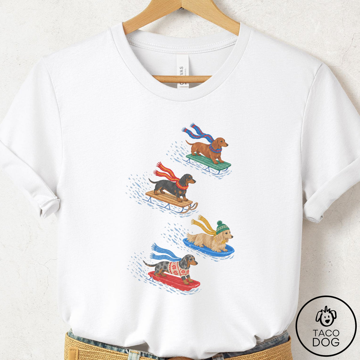Dachshund Sledding T-Shirt White Taco-Dog