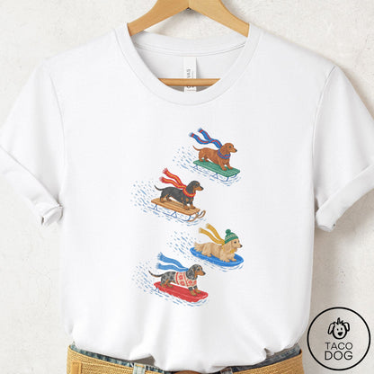 Dachshund Sledding T-Shirt White Taco-Dog