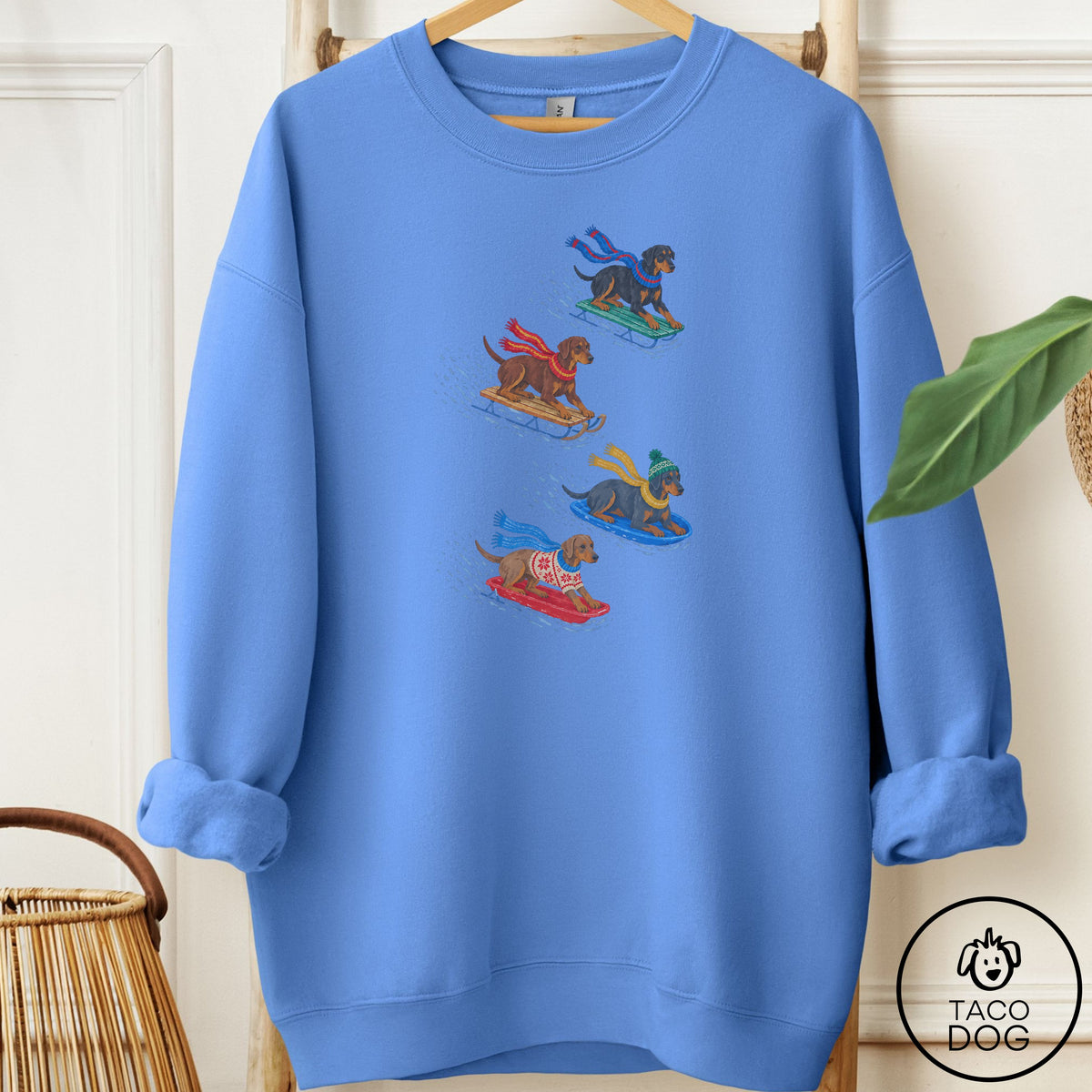Doberman Sledding Sweatshirt Carolina Blue Taco-Dog