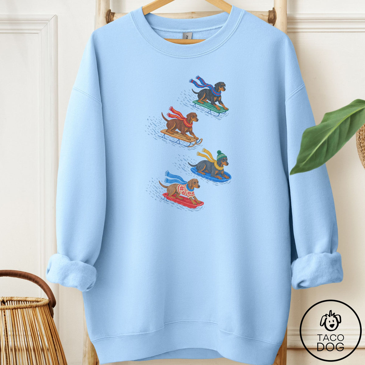 Doberman Sledding Sweatshirt Light Blue Taco-Dog