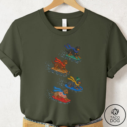 Doberman Sledding T-Shirt Military Green Taco-Dog