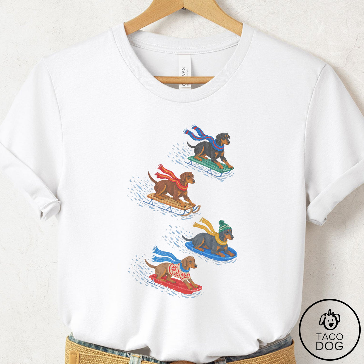 Doberman Sledding T-Shirt White Taco-Dog