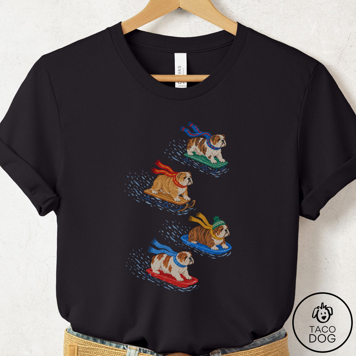 English Bulldog Sledding T-Shirt Black Taco-Dog