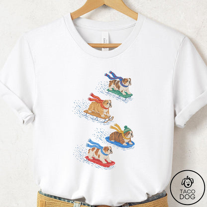 English Bulldog Sledding T-Shirt White Taco-Dog