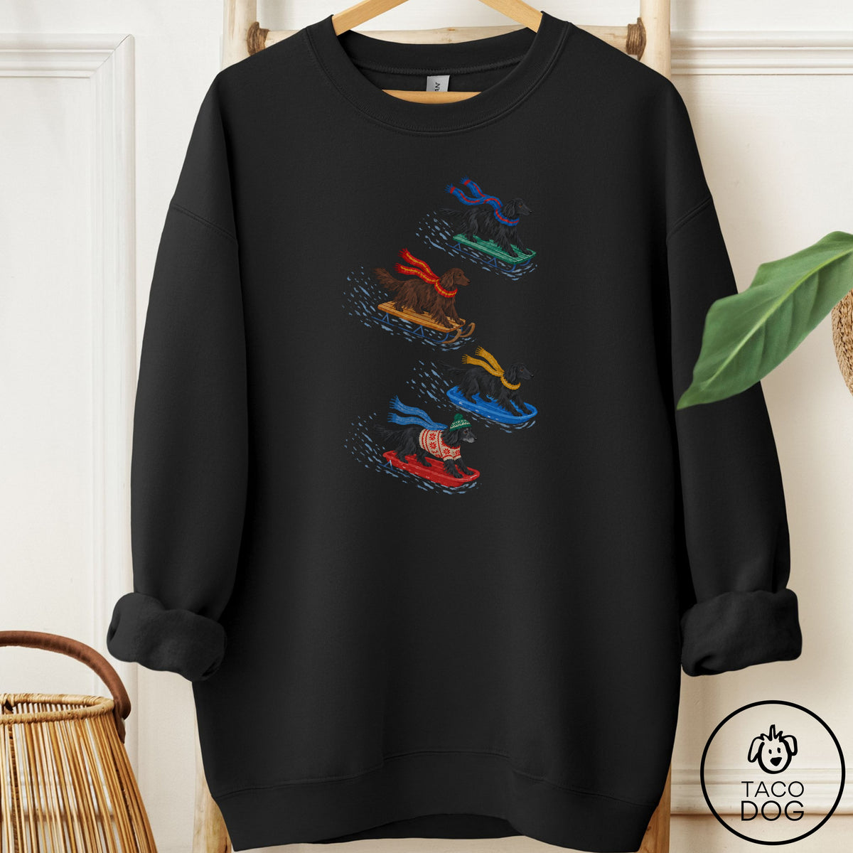 Flat-Coated Retriever Sledding Sweatshirt Black Taco-Dog