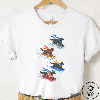 Flat-Coated Retriever Sledding T-Shirt White Taco-Dog