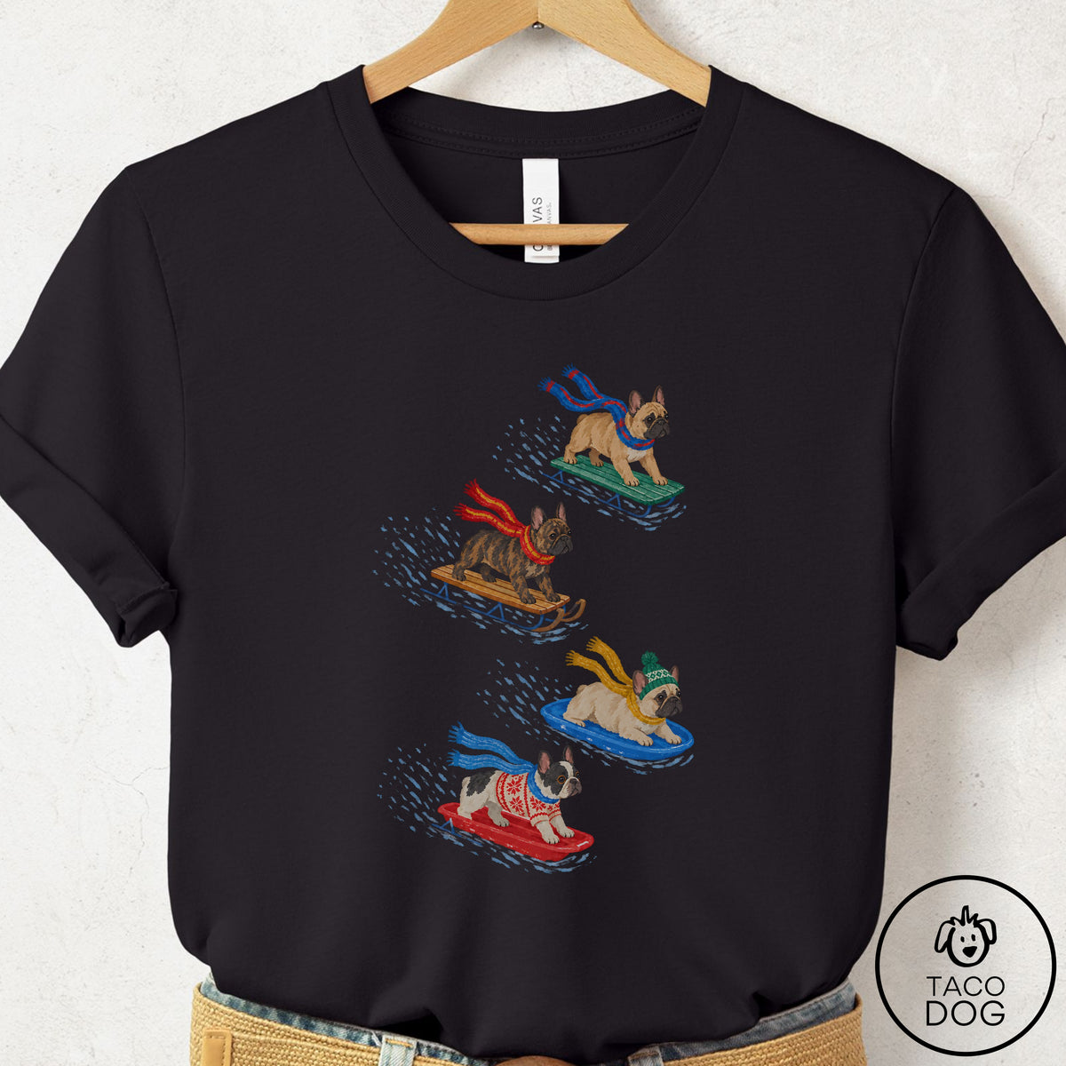 French Bulldog Frenchie Sledding T-Shirt Black Taco-Dog