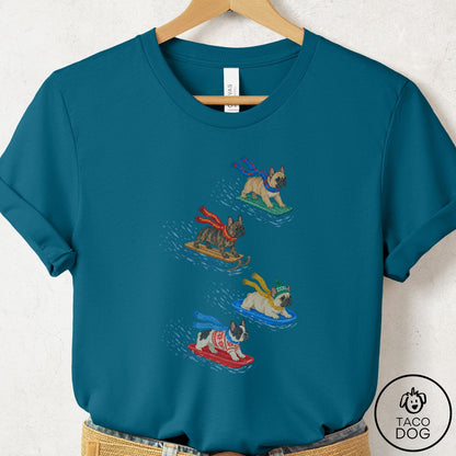 French Bulldog Frenchie Sledding T-Shirt Deep Teal Taco-Dog