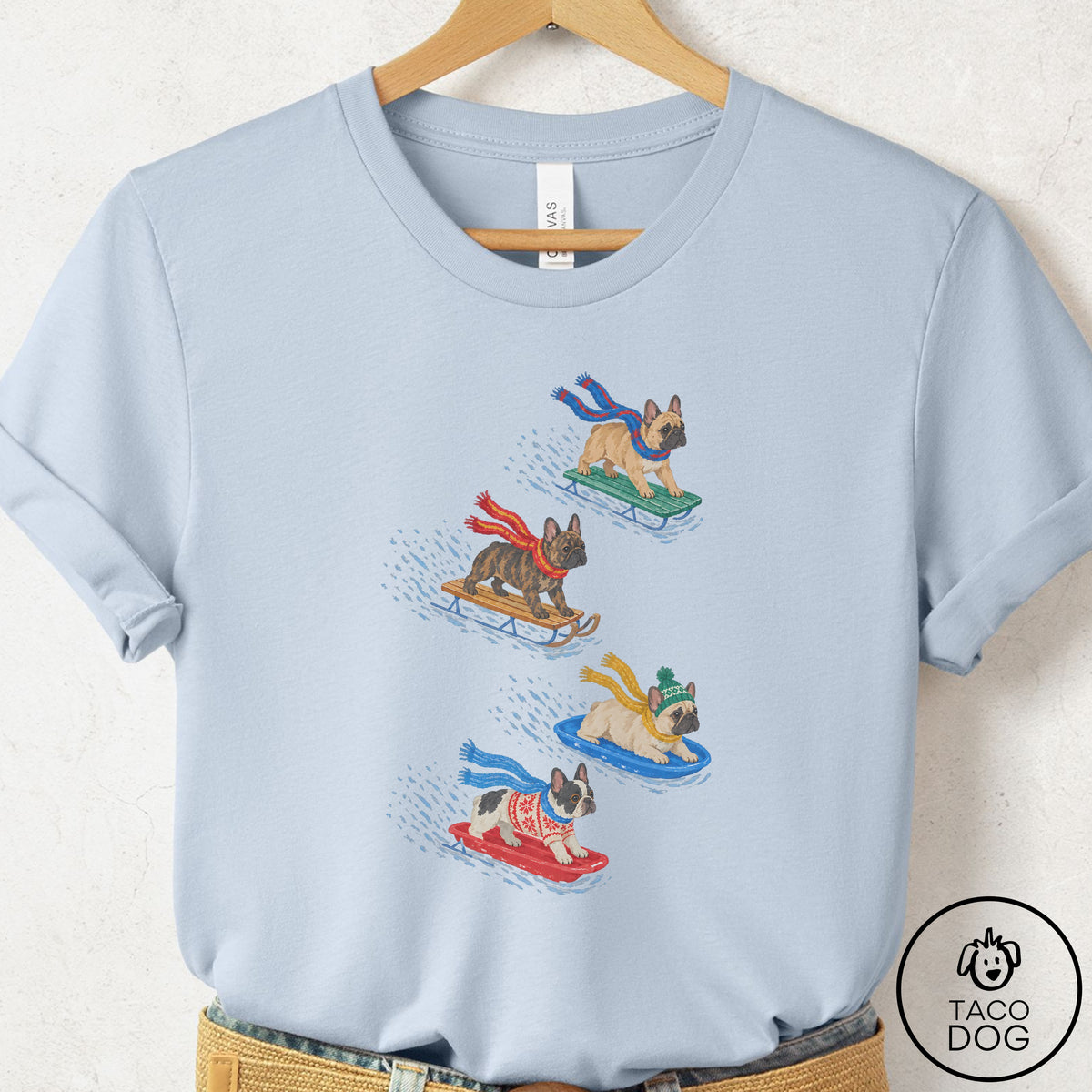 French Bulldog Frenchie Sledding T-Shirt Light Blue Taco-Dog