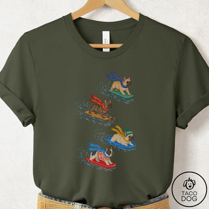French Bulldog Frenchie Sledding T-Shirt Military Green Taco-Dog