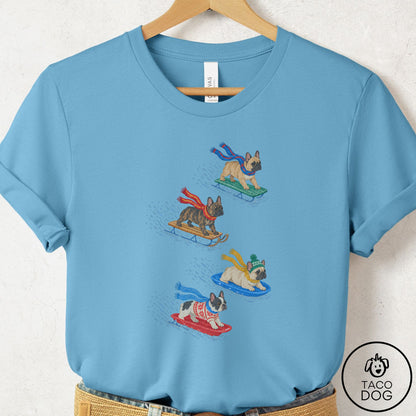 French Bulldog Frenchie Sledding T-Shirt Ocean Blue Taco-Dog