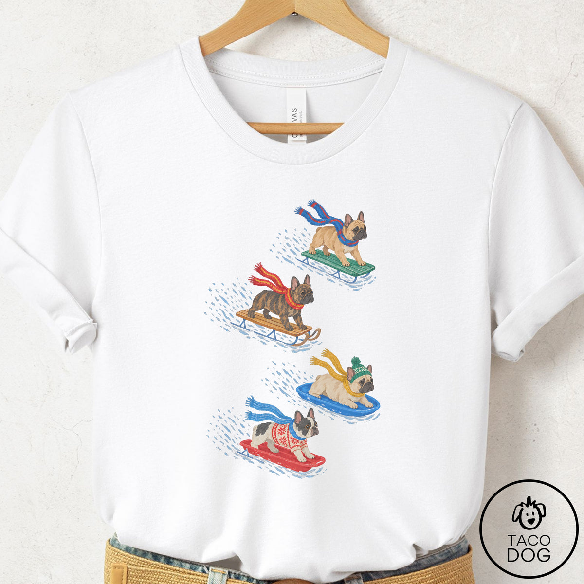 French Bulldog Frenchie Sledding T-Shirt White Taco-Dog