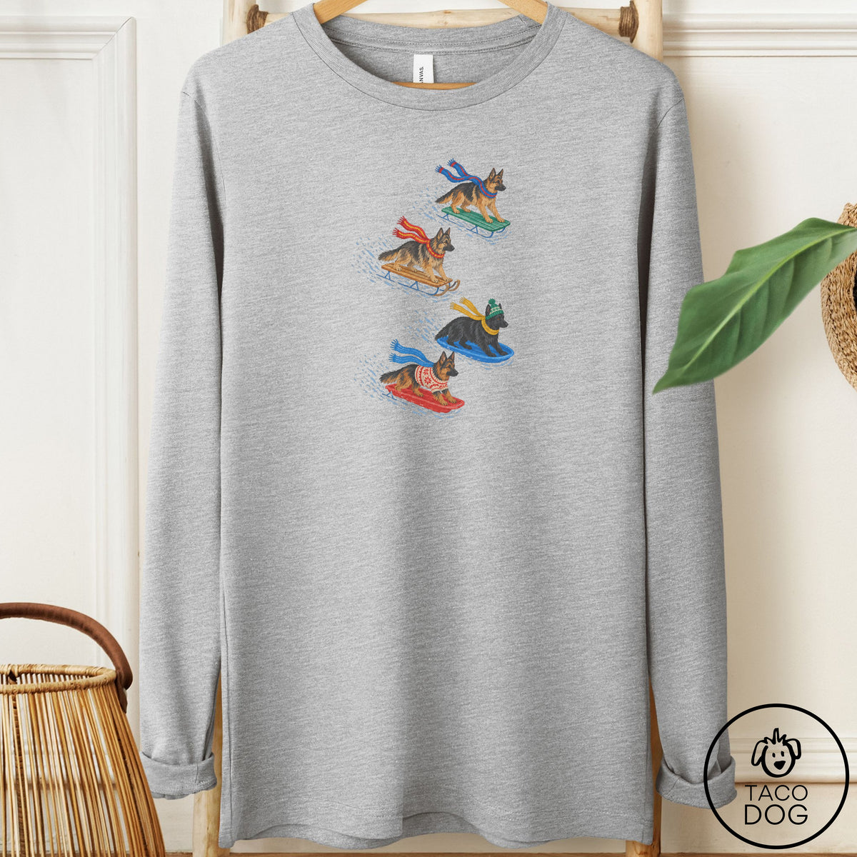 German Shepherd Sledding Long Sleeve Tee Athletic Heather Taco-Dog