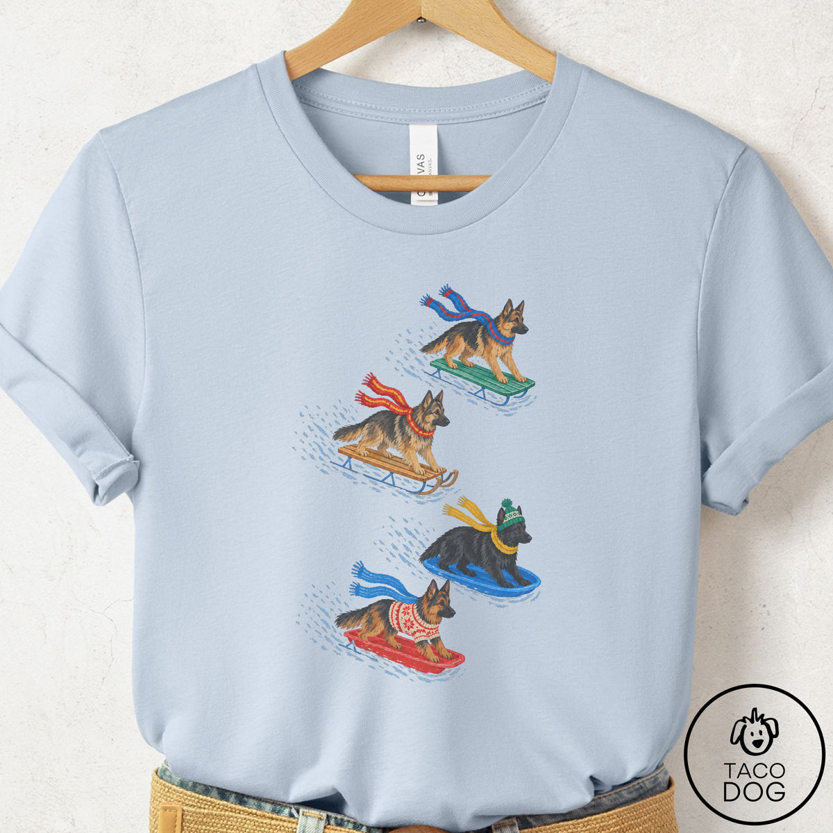 German Shepherd Sledding T-Shirt, design close-up