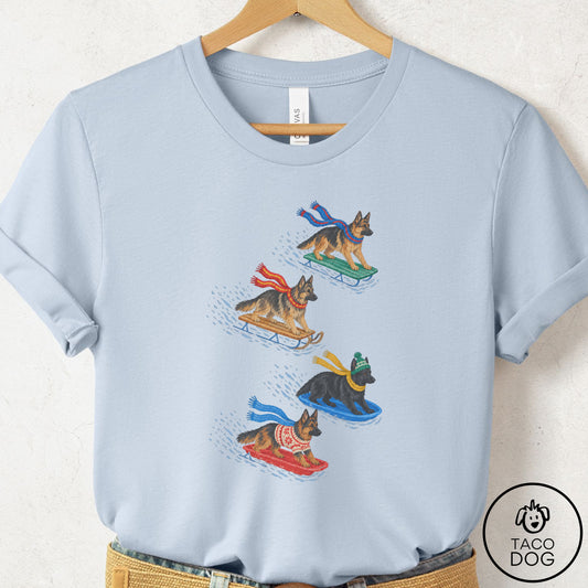 German Shepherd Sledding T-Shirt Light Blue Taco-Dog