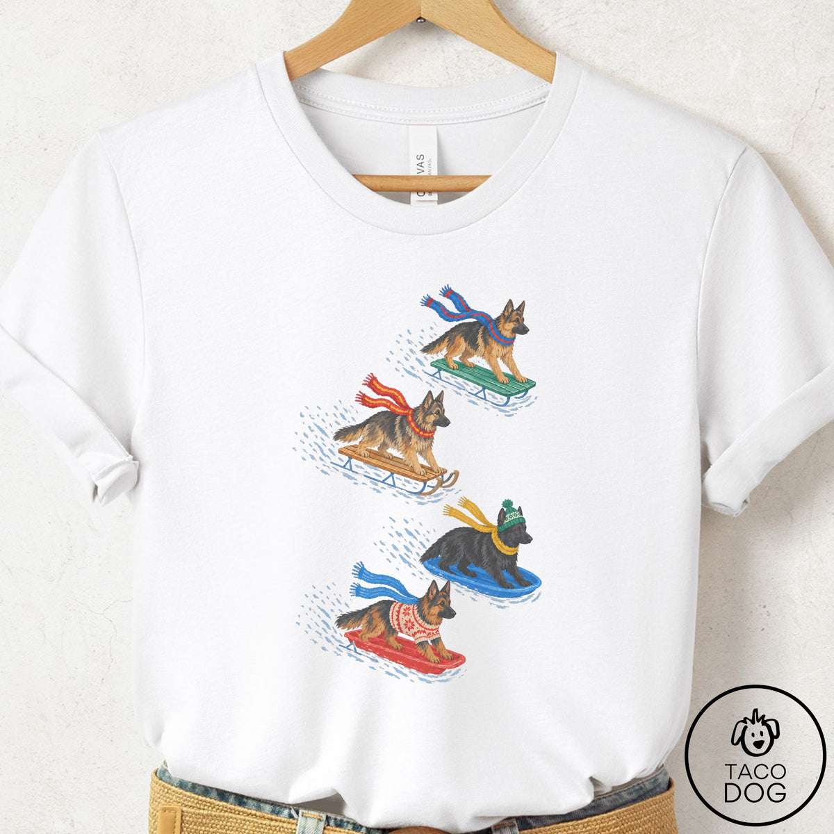 German Shepherd Sledding T-Shirt White Taco-Dog