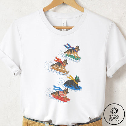 German Shepherd Sledding T-Shirt White Taco-Dog