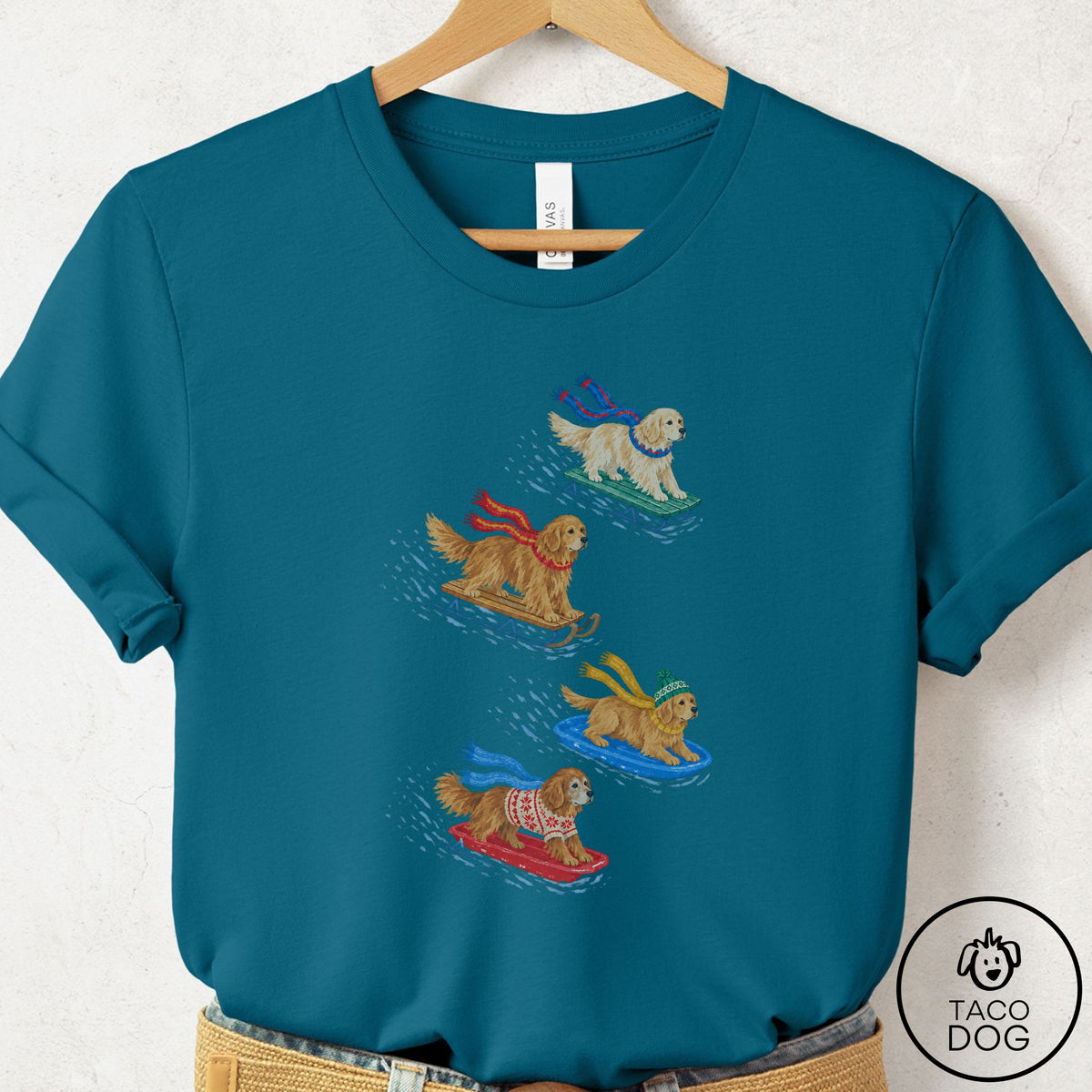 Golden Retriever Sledding T-Shirt Deep Teal Taco-Dog
