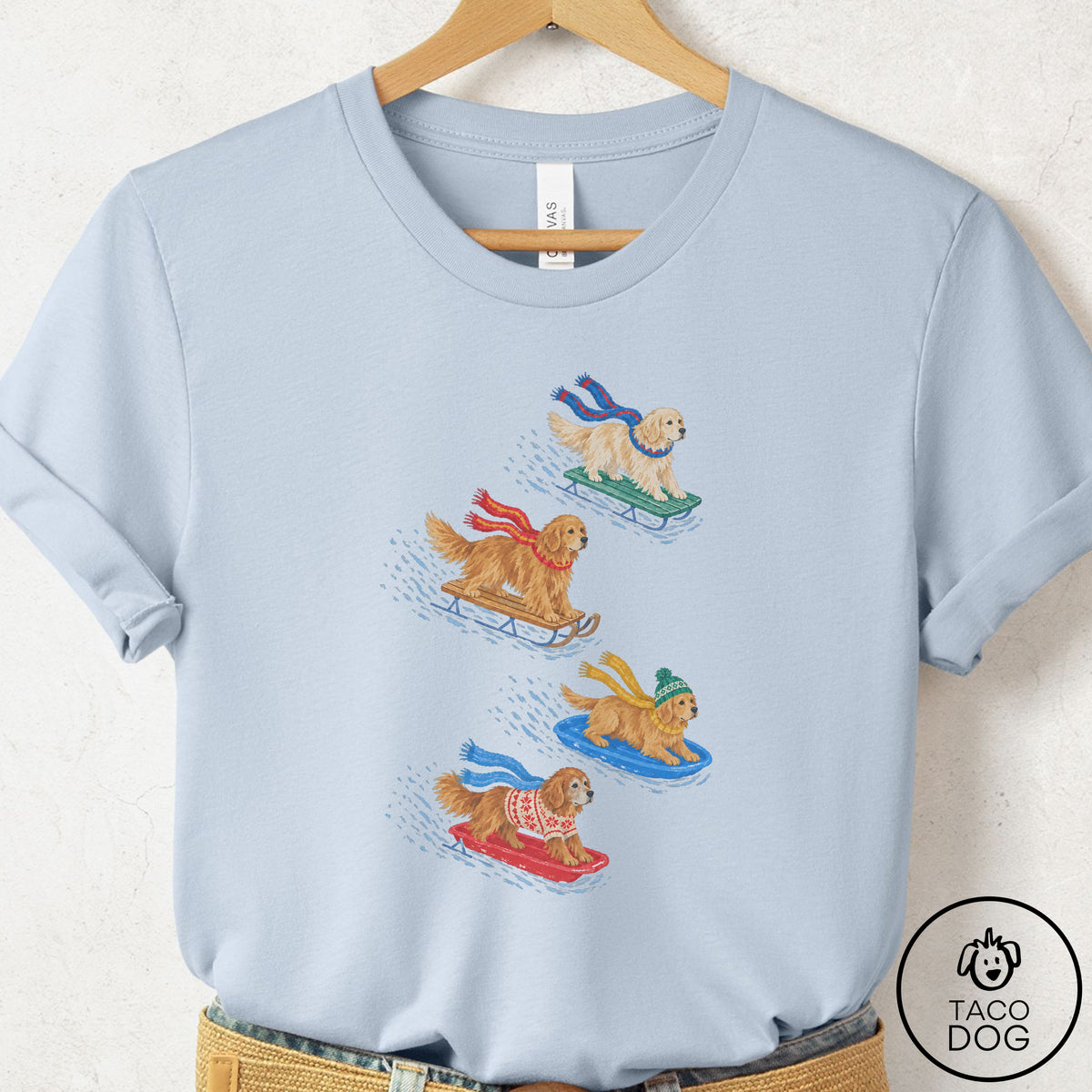 Golden Retriever Sledding T-Shirt Light Blue Taco-Dog