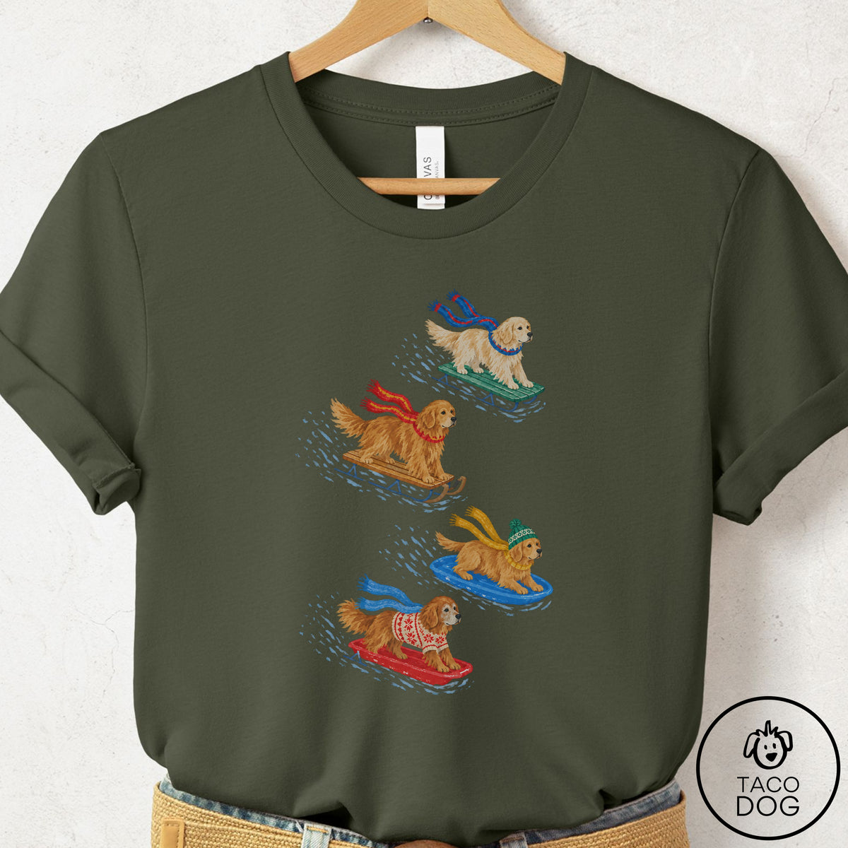 Golden Retriever Sledding T-Shirt Military Green Taco-Dog