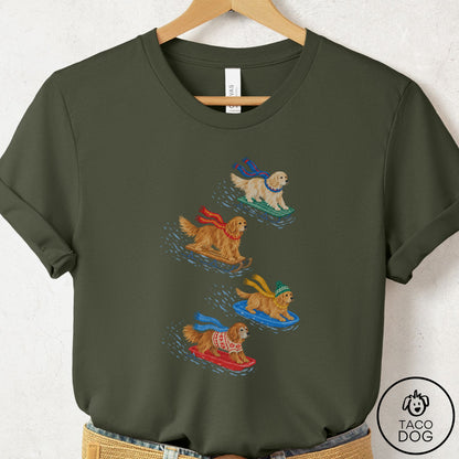 Golden Retriever Sledding T-Shirt Military Green Taco-Dog