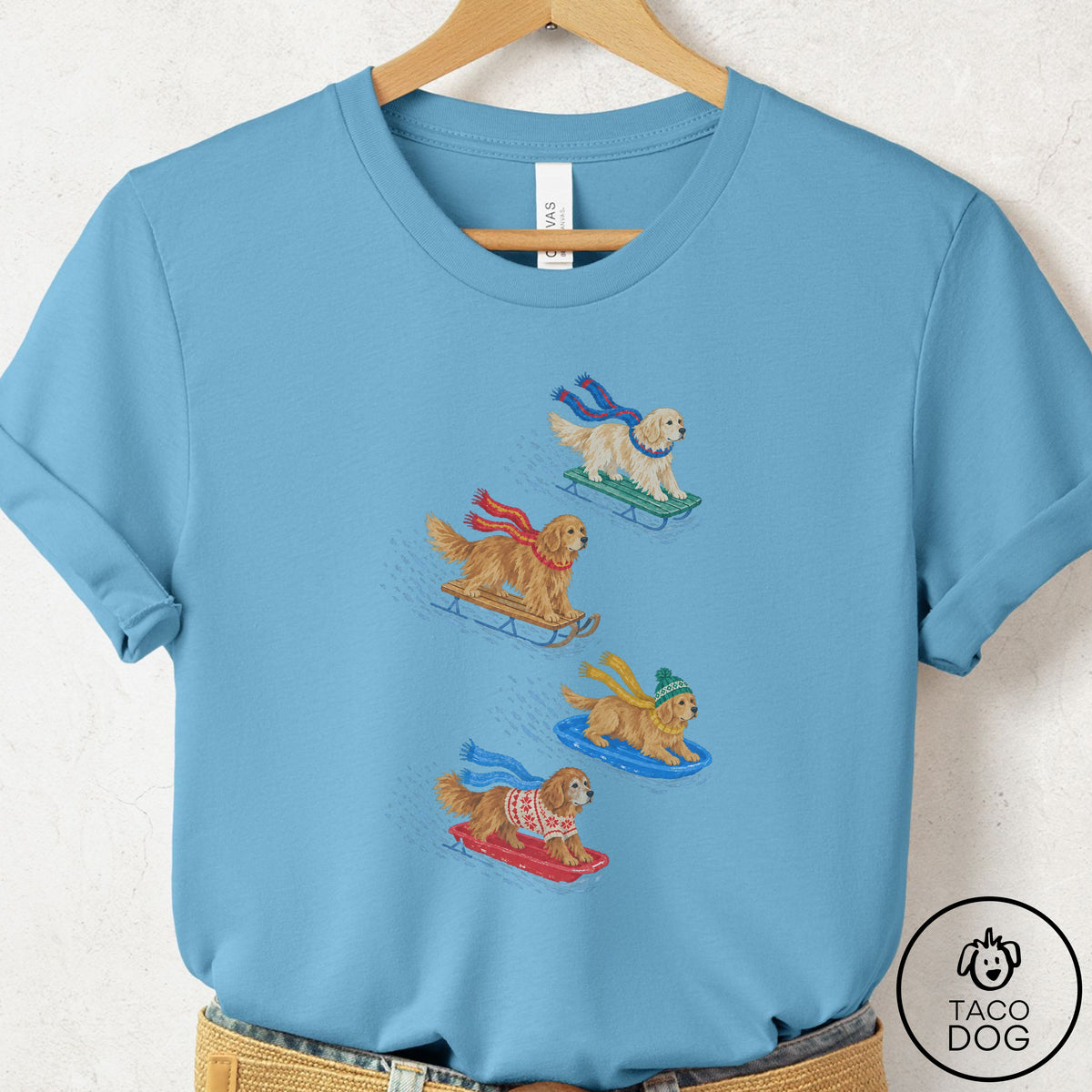 Golden Retriever Sledding T-Shirt Ocean Blue Taco-Dog