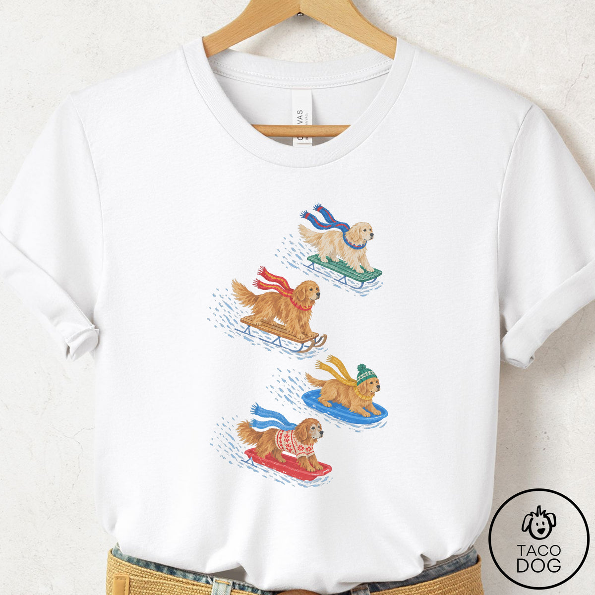 Golden Retriever Sledding T-Shirt White Taco-Dog