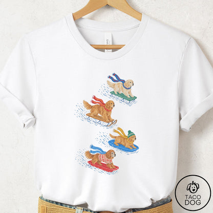 Golden Retriever Sledding T-Shirt White Taco-Dog