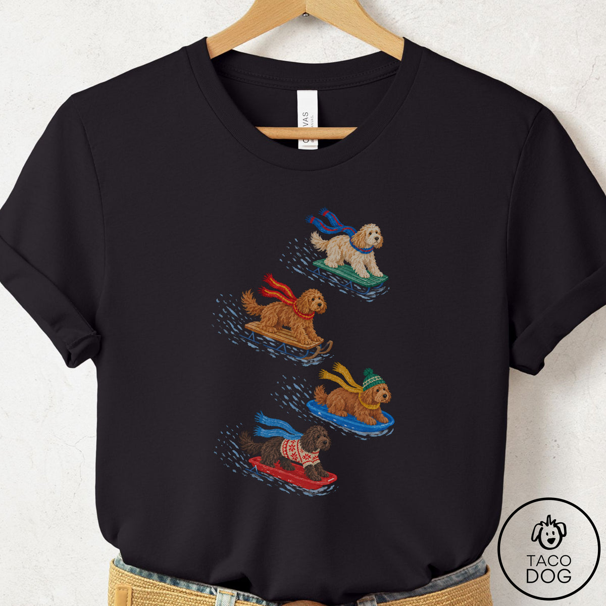 Doodle Sledding T-Shirt Black Taco-Dog