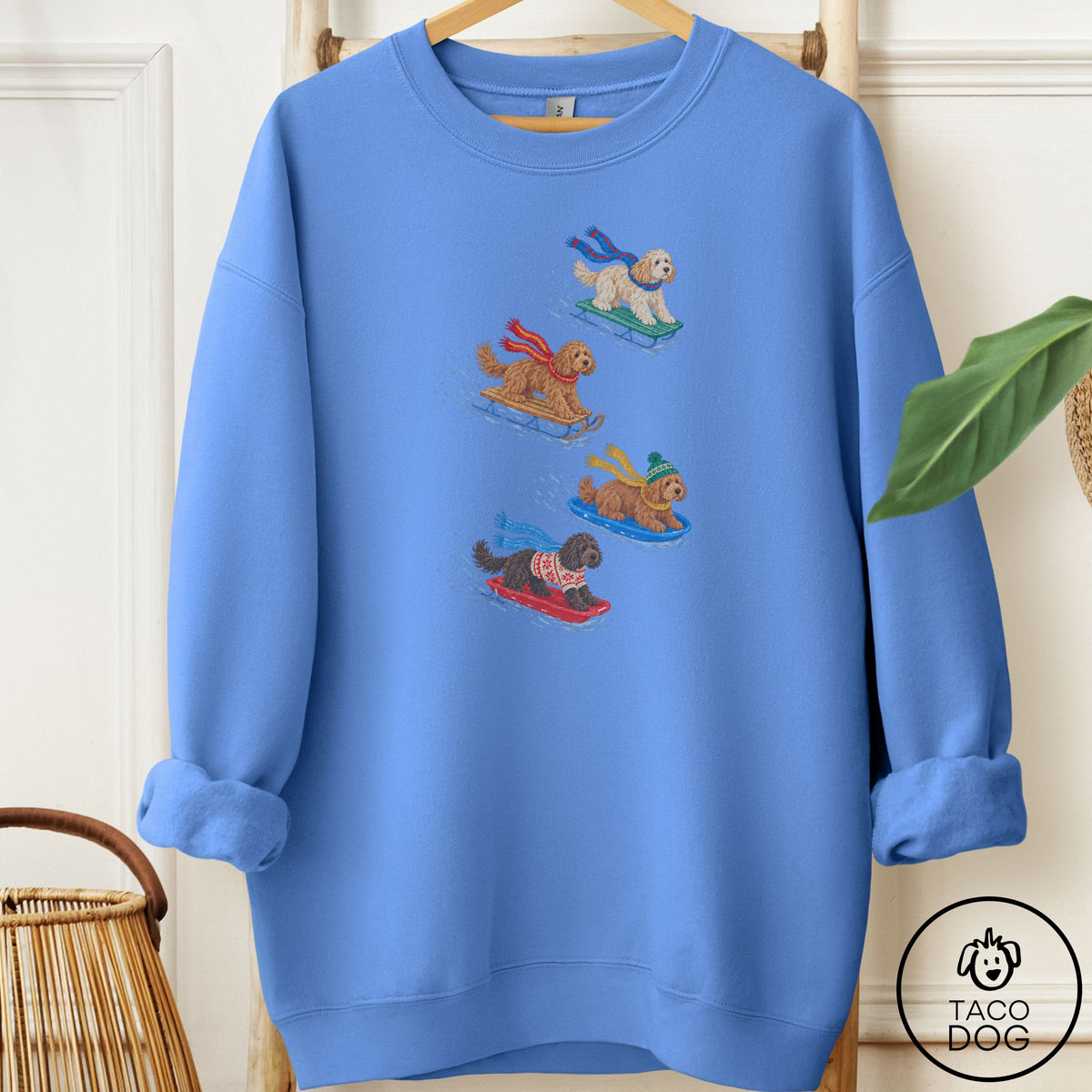 Doodle Sledding Sweatshirt Carolina Blue Taco-Dog