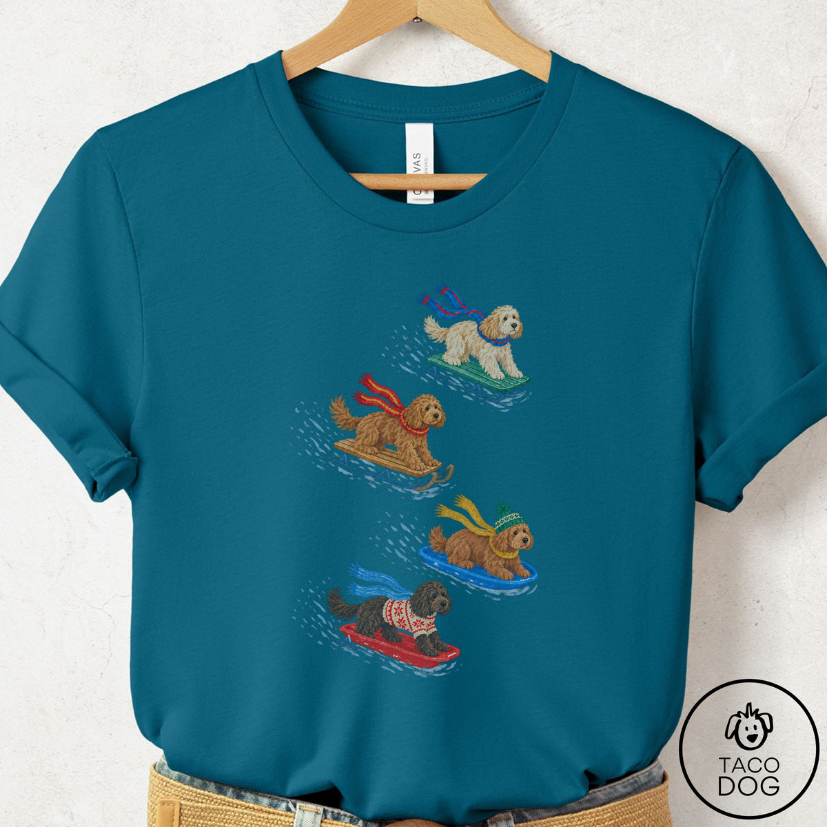 Doodle Sledding T-Shirt Deep Teal Taco-Dog
