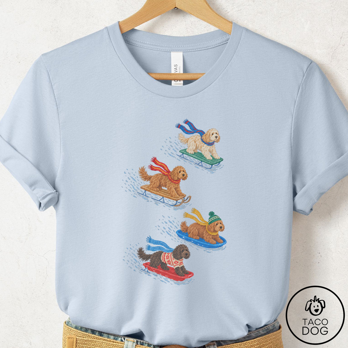 Doodle Sledding T-Shirt Light Blue Taco-Dog