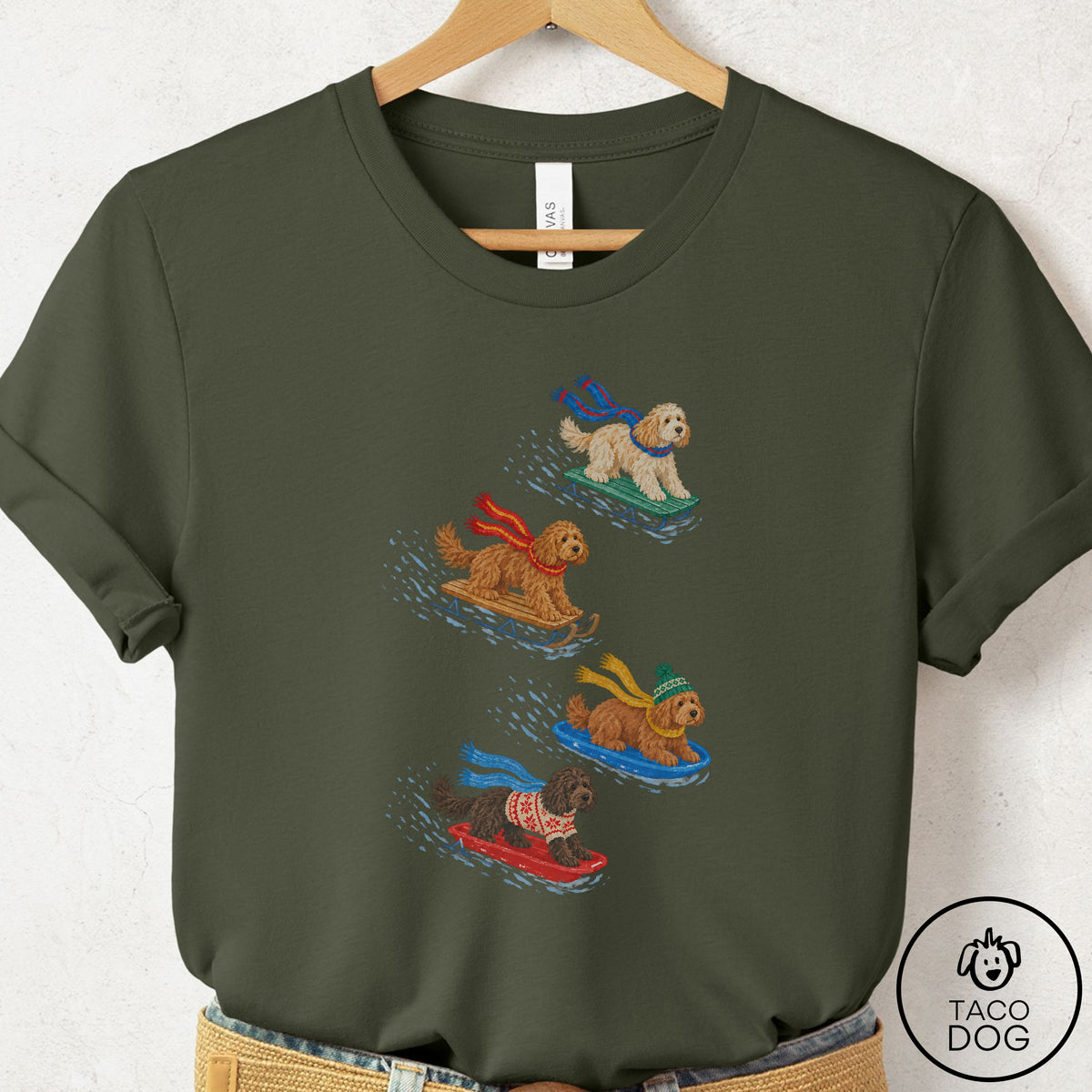 Doodle Sledding T-Shirt Military Green Taco-Dog