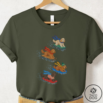 Doodle Sledding T-Shirt Military Green Taco-Dog