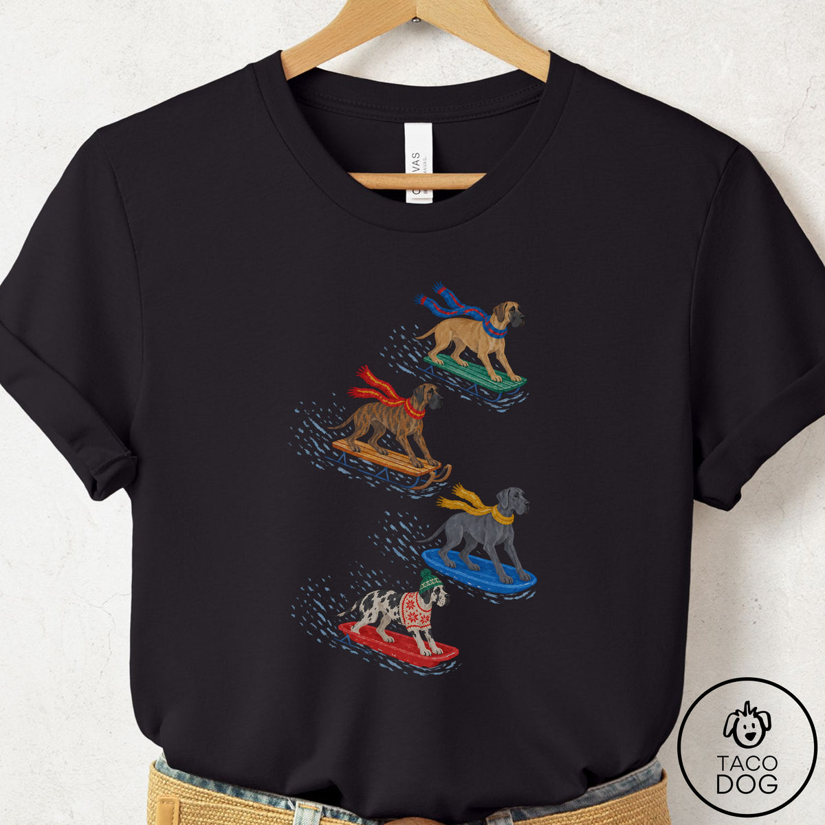Great Dane Sledding T-Shirt Black Taco-Dog