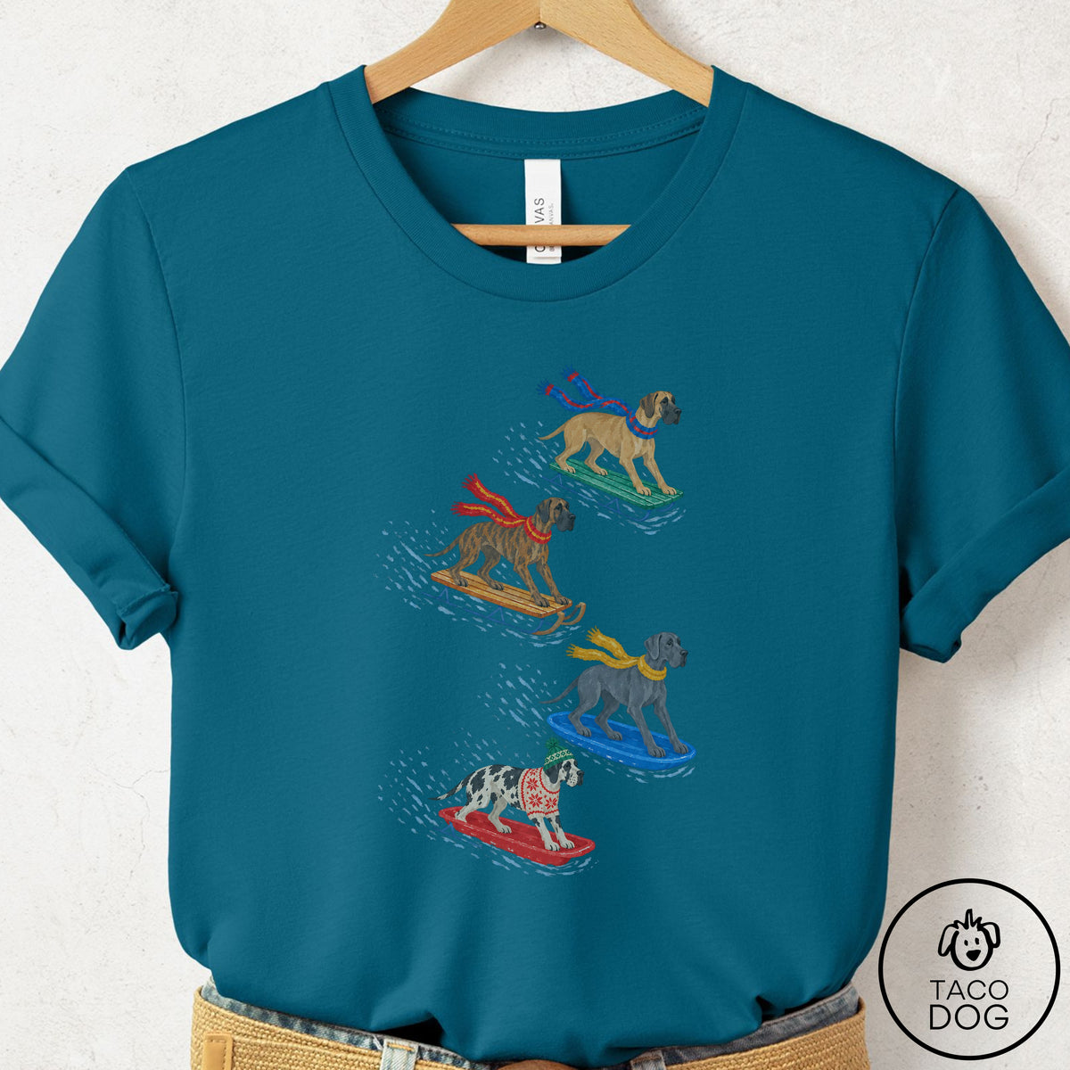 Great Dane Sledding T-Shirt Deep Teal Taco-Dog