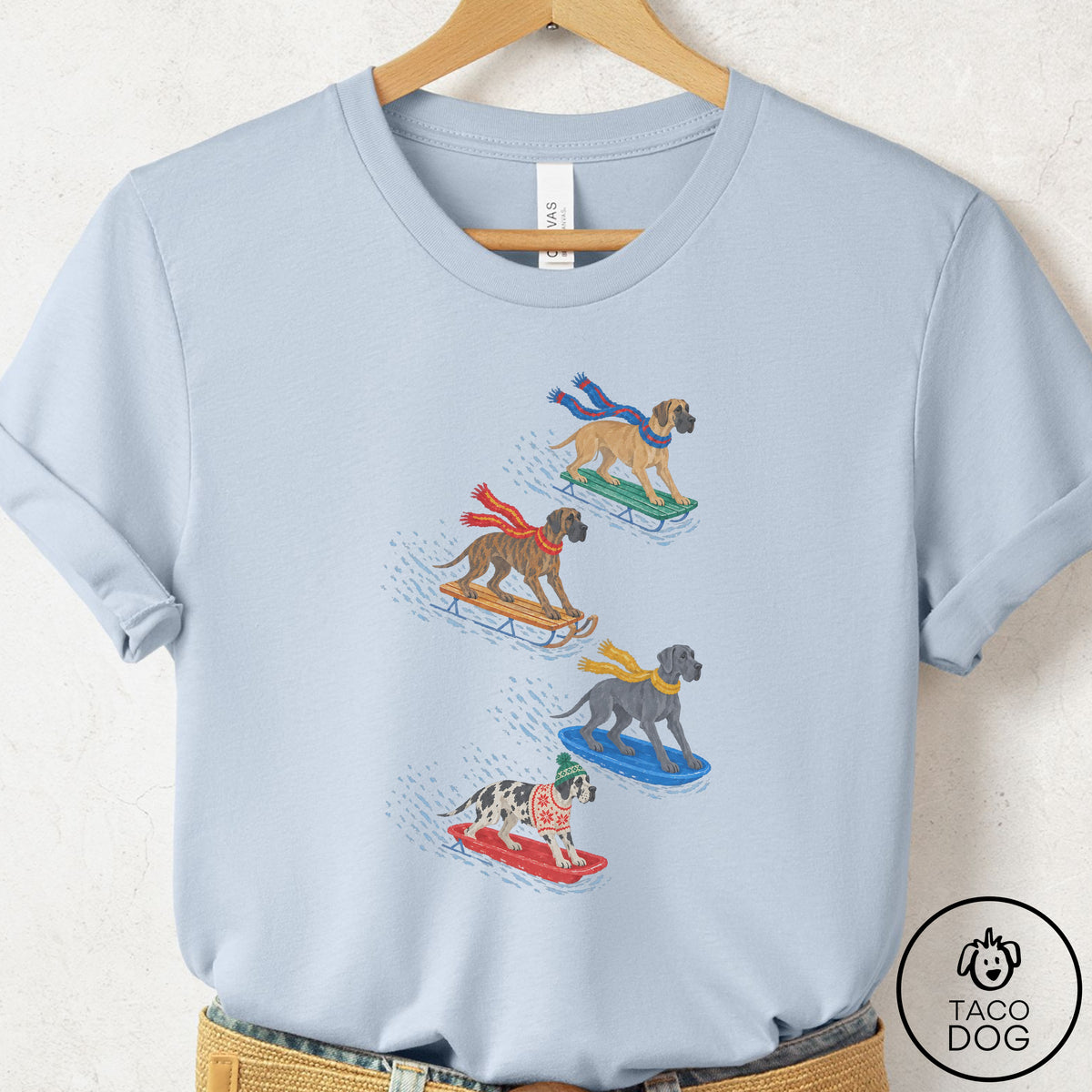 Great Dane Sledding T-Shirt Light Blue Taco-Dog