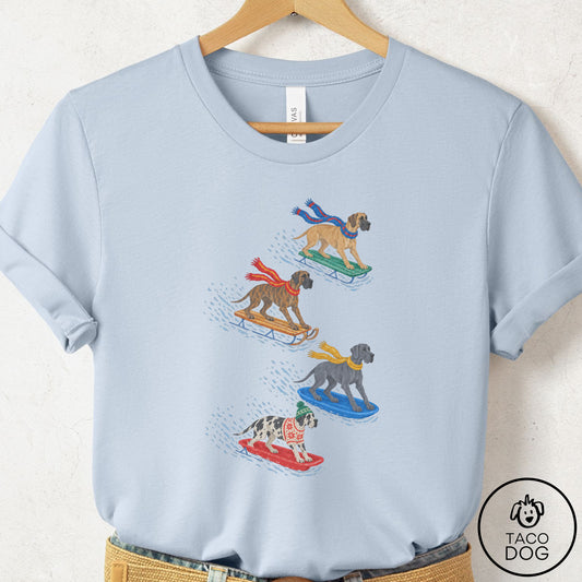 Great Dane Sledding T-Shirt Light Blue Taco-Dog