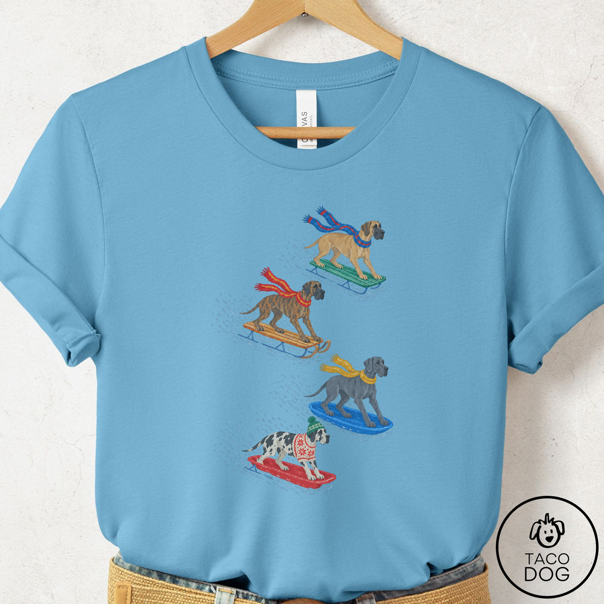 Great Dane Sledding T-Shirt Ocean Blue Taco-Dog