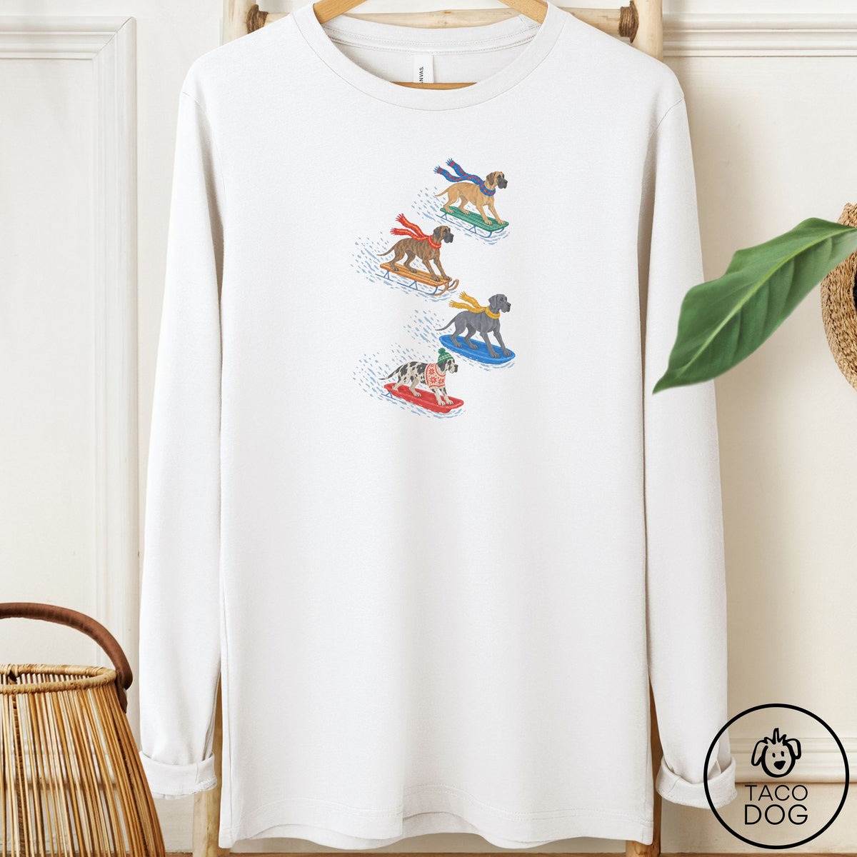 Great Dane Sledding Long Sleeve Tee White Taco-Dog