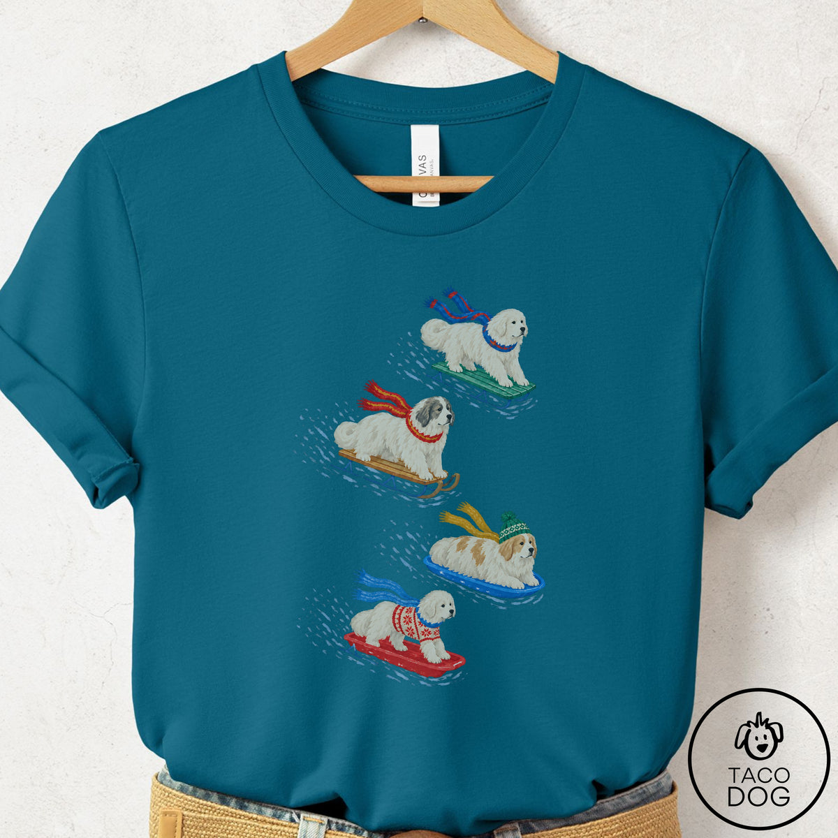 Great Pyrenees Sledding T-Shirt Deep Teal Taco-Dog