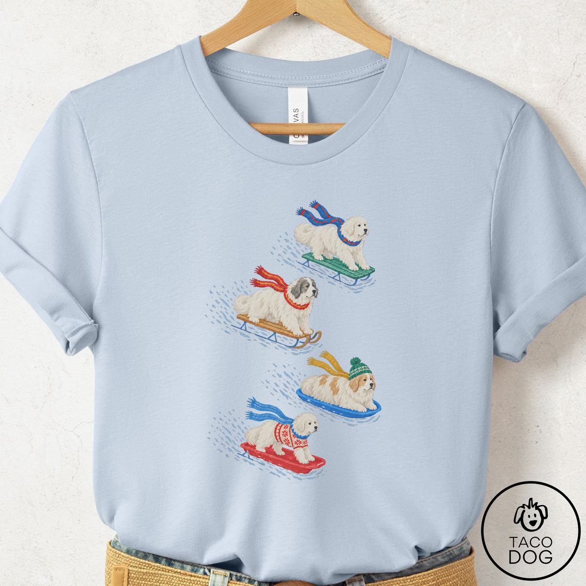 Great Pyrenees Sledding T-Shirt Light Blue Taco-Dog