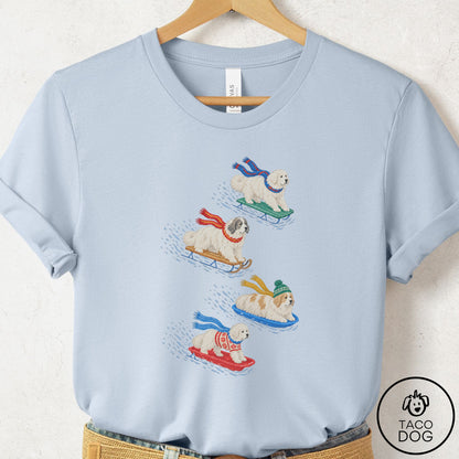 Great Pyrenees Sledding T-Shirt Light Blue Taco-Dog